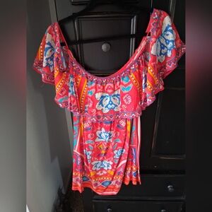 Womens Off-Shoulder Floral Ruffle Dress- Pink Multi